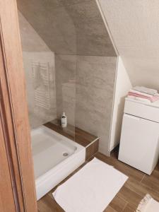 a small bathroom with a shower and a tub at Apartman Čardak in Gospić