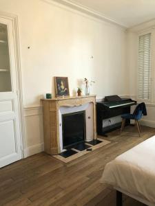ein Wohnzimmer mit einem Kamin und einem Klavier in der Unterkunft Apt plein de charme / centre ville / proche gare in Troyes