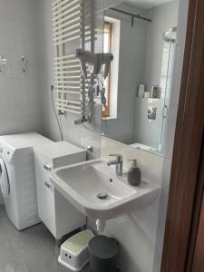 Baño blanco con lavabo y espejo en "Apartament pod Śnieżką" uroczy apartament z kominkiem, en Karpacz
