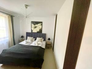 a bedroom with a bed and a chandelier at "Apartament pod Śnieżką" uroczy apartament z kominkiem in Karpacz