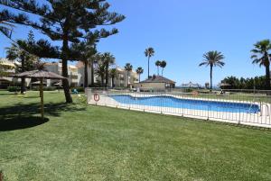 una piscina en un patio con árboles y palmeras en Las Mimosas, en La Cala de Mijas
