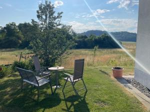 a patio with two chairs and a table in the grass at Schöne Deluxe Unterkunft in Gottmadingen