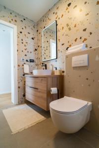 bagno con servizi igienici, lavandino e specchio di Villa Fortunata a Poličnik
