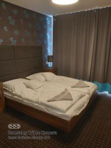 ein Schlafzimmer mit einem großen Bett in einem Zimmer in der Unterkunft Plage apartman in Hajdúszoboszló