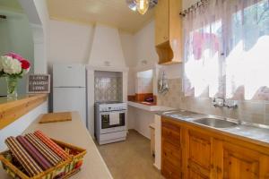 a kitchen with a sink and a white refrigerator at Villa Panos in Gaios