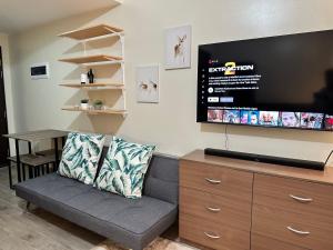 een woonkamer met een bank en een flatscreen-tv bij One Regis Bacolod- Upper East Studio Room in Bacolod
