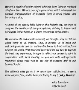 een brief van een missionaris aan een missionaris citeert een missionaris zendingsbrief bij Alice & Andrew Apt. Few Steps to Madaba Old City Center in Madaba