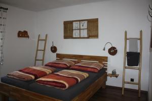 ein Schlafzimmer mit einem Bett mit einer Leiter und einem TV in der Unterkunft Ferienwohnung Pusarnitz in Pusarnitz