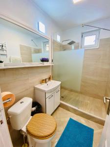 bagno con servizi igienici, lavandino e specchio di Apartament Tiron în centru orasului a Gura Humorului
