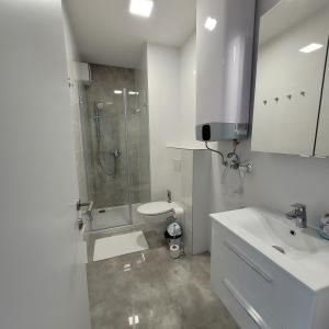 ein Bad mit einer Dusche, einem WC und einem Waschbecken in der Unterkunft Szabadszél Apartmanok in Fonyód