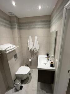 La salle de bains est pourvue de toilettes blanches et d'un lavabo. dans l'établissement Corfu Glyfada Menigos Resort Home 72, à Glyfada