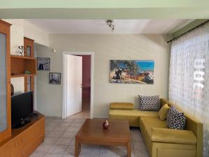 a living room with a couch and a tv at Hawaii in Nea Michaniona