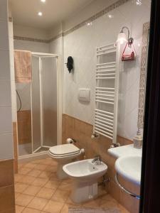 a bathroom with a toilet and a shower and a sink at JFK b & b in Ciampino