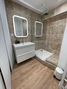 uma casa de banho com um lavatório, um chuveiro e um espelho. em Duplex sous les toits em Riez