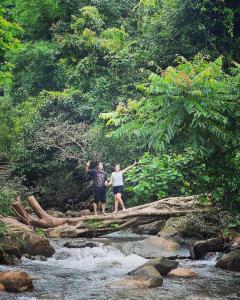 dos personas de pie en un tronco en un río en Ikigawa Home en Ban Pha Khap