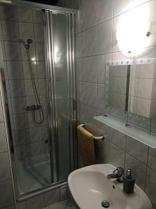 La salle de bains est pourvue d'une douche et d'un lavabo. dans l'établissement Muschel Panzió, à Keszthely