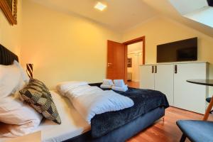 um quarto com uma cama e uma televisão na parede em Willowa 21 em Wisla