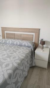 um quarto com uma cama e uma mesa de cabeceira com um candeeiro em Apartamentos NayDa N4 de 2 habitaciones em Mérida