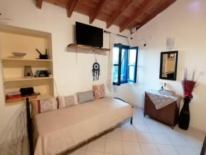 a living room with a couch and a tv at Ολόκληρο σπίτι in Raches