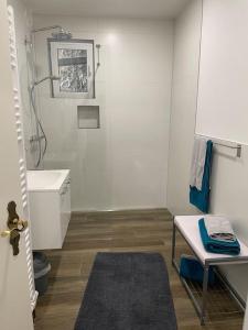 a white bathroom with a shower and a sink at Ferienwohnung Heistenbach bei Diez/Limburg in Heistenbach +15 photos