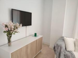 ein Wohnzimmer mit einem TV und einer Vase aus Blumen in der Unterkunft Gran apartamento, Aire acondicionado, piscina y parking gratuito in Alicante
