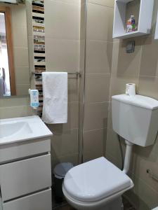 a small bathroom with a toilet and a sink at Moradia Meca - Casas para Férias in Nazaré +24 photos