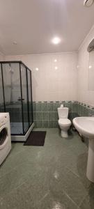 a bathroom with a shower and a toilet and a sink at Saule in Daugavpils