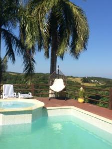 a swimming pool with a palm tree and a chair at Pousada Mar'Tito Forno in Búzios