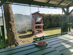 a plate of donuts on a picnic table next to a tree at Dom Pod Gruszką in Pobierowo