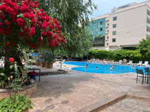 a swimming pool with people in it with red flowers at Hotel Arsenal in Nesebar