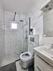 a white bathroom with a toilet and a sink at Apartmani Hortenzija in Budva