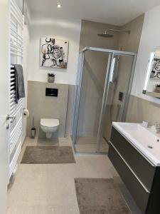 a bathroom with a shower and a toilet and a sink at EXCLUSIVES APARTMENT - Auszeit Mondsee in Mondsee