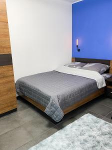 a bedroom with a large bed with a blue wall at Urban Home in Kyiv