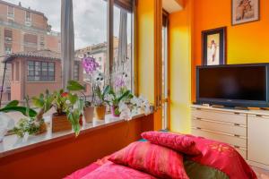 un soggiorno con TV e finestra con piante di Bed and Breakfast Dolce Vita Bologna a Bologna