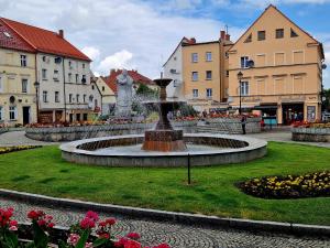 a fountain in the middle of a city with buildings at Apartament Książ in Świebodzice