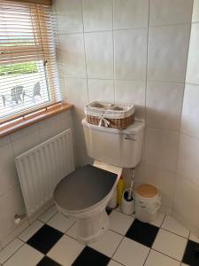 a bathroom with a toilet with a basket on top of it at Bantry Bay Haven in Ballylickey