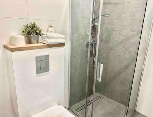 La salle de bains est pourvue d'une douche en verre et de toilettes. dans l'établissement SOPOT blisko z plaży apartC nr3, à Sopot