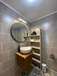 La salle de bains est pourvue d'un lavabo et d'un miroir. dans l'établissement Gartenblick, à Zandvoort