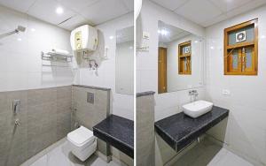 two pictures of a bathroom with a toilet and a sink at Hotel LA CASA DELHI AIRPORT in New Delhi