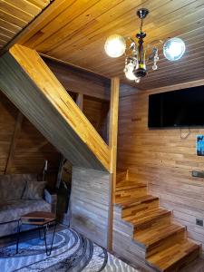 a living room with wooden walls and a flat screen tv at Maneviga Cafe & Apart in Uzungol