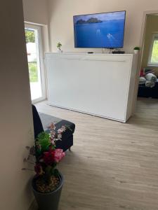 a living room with a flat screen tv and a couch at Moonlight Apartment in Siófok