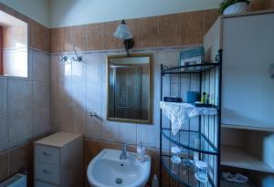 y baño con lavabo y espejo. en Völgykapu Vendégház, en Monostorapáti