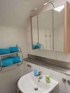 uma casa de banho com um lavatório, um espelho e toalhas azuis em Ferienwohnung "Polly" em Glücksburg