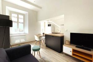 a living room with a couch and a tv and a kitchen at Taote - Studio avec terrasse au Coeur de ville in Brignoles