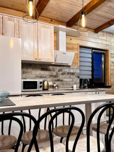 a kitchen with a table with chairs and a microwave at Edelweiss House in Svityazʼ