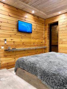 a bedroom with a bed and a flat screen tv at Edelweiss House in Svityazʼ +62 photos