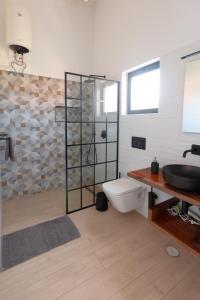 a bathroom with a sink and a toilet and a shower at New Rooftop Penthouse with Oceanview in Santa Maria