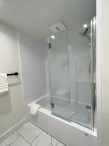 uma casa de banho com um chuveiro e uma porta de vidro em Tremblant Studio Scandinave by My Tremblant Location em Mont-Tremblant