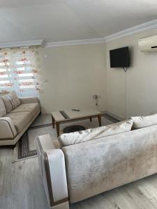 ein Wohnzimmer mit 2 Sofas und einem TV in der Unterkunft Kanarya Apart in Trabzon
