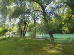 einen Zaun vor einem See mit einem Baum in der Unterkunft Kuca Delić in Račić